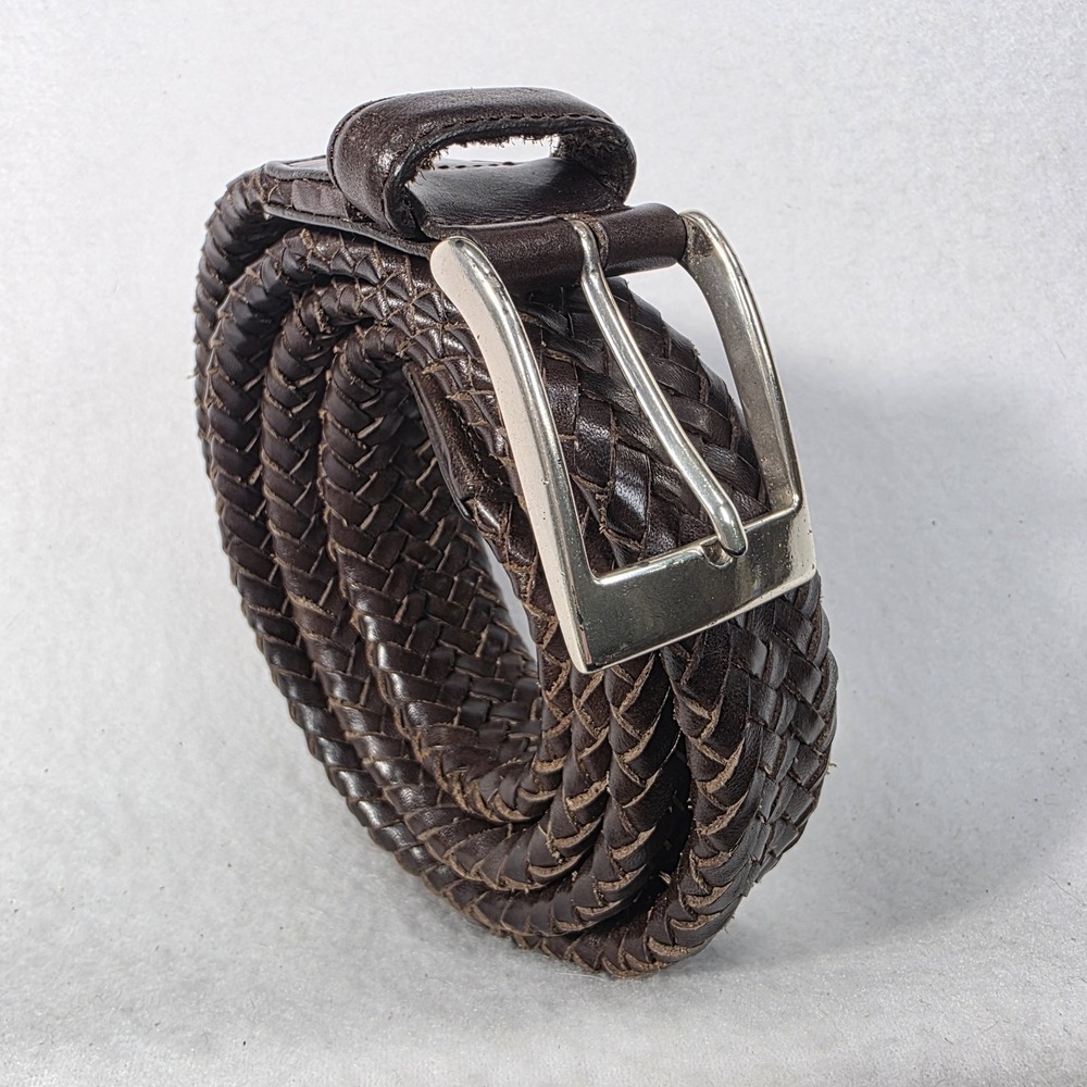 Vintage Tommy Bahama Brown Braided Woven Leather Belt Plated Solid Brass 51"